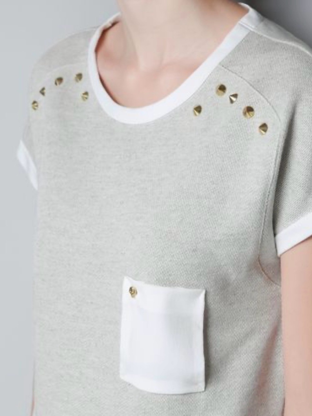 Ellison Cream Knit Short Sleeve Top with White Trim and Gold Studs